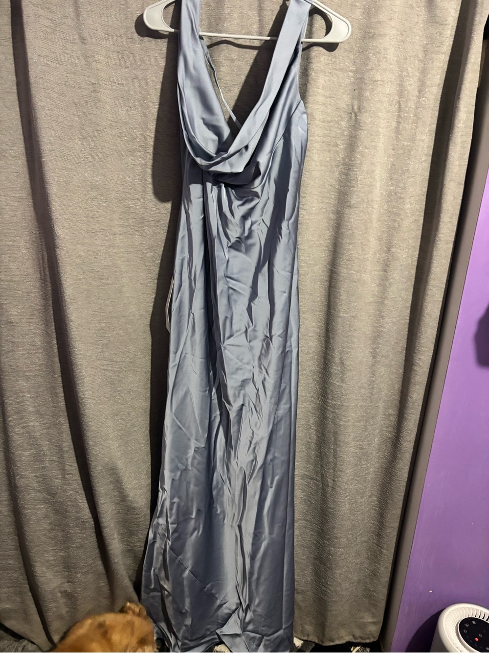 Azazie Slate Blue Satin Cowl Neck Maxi Dress